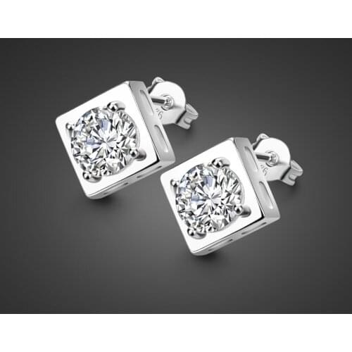 Simple Charm White Zircon Crystal Cubic Square Stud 100% 925 Sterling Silver Woman / Men / Boy Earrings luxury Jewelry