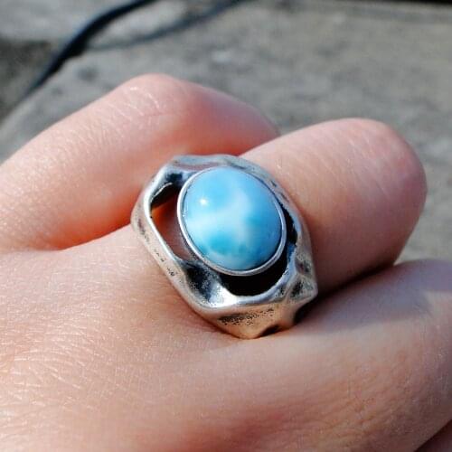 Simple Style Free Shipping Sterling Silver Antique Oval Cut 8x10mm Natural Blue Larimar Jewelry Silver Larimar Ring