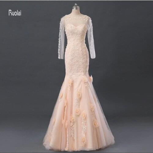 Real Photo Tulle Mermaid Evening Dresses Appliques Beading Flowers Scoop Sheer Sleeves Sweep Train Evening Gowns Party Dresses