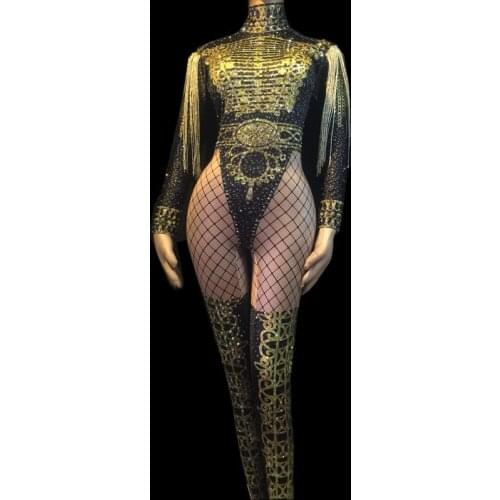 Sexy Rhinestone Party Jumpsuit Gold Crystal Tassel Bodysuit Women Prom Costumes Nightclub DJ Dancer Rompers Show Stage Outfits