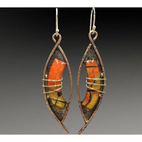 Crescent Moon Magnetic Pole Shape Dangle Earring Vintage Bending Wire Wraped Orange Stone Pendant Earrings Bronze Hollow Jewelry