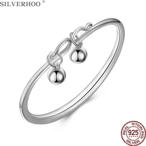 SILVERHOO Genuine 925 Sterling Silver Minimalist Bangles For Women Round Cead Hanging Charm Bangle Fine Jewelry Anniversary Gift