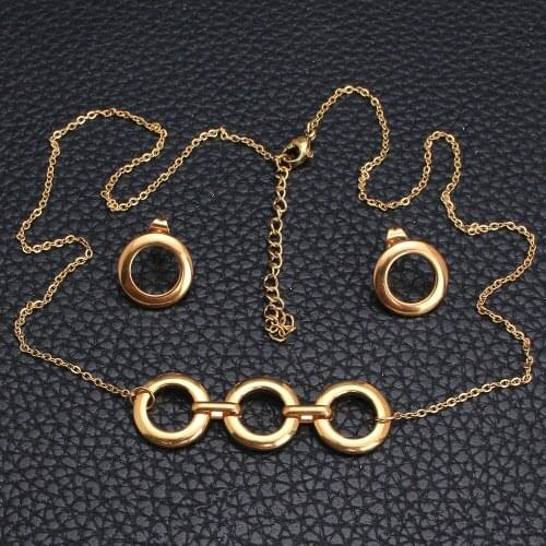 WomensFashion Stainless Steel Vintage Jewelry Gold Silver Color Plated Round Pendant Necklace Earrings Sets For Women SGIKAKAI1