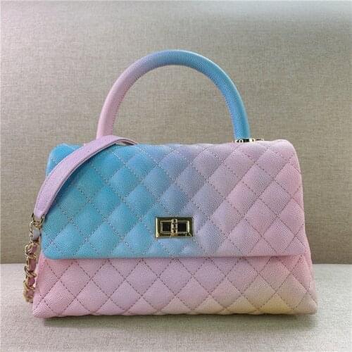 2021 New Leather Gradient Rainbow Color Caviar Diamond Check Chain Portable Female Bag Shoulder Messenger Bag