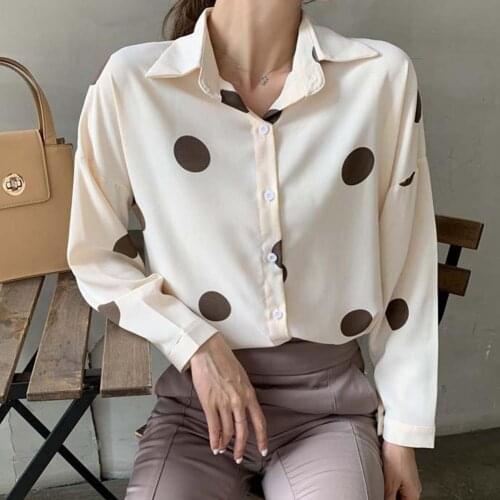 Women Autumn Long Sleeve Polka Dots Print Single-breasted Loose Shirt Blouse Top Women Shirts Simple design Loose Blouses shirts