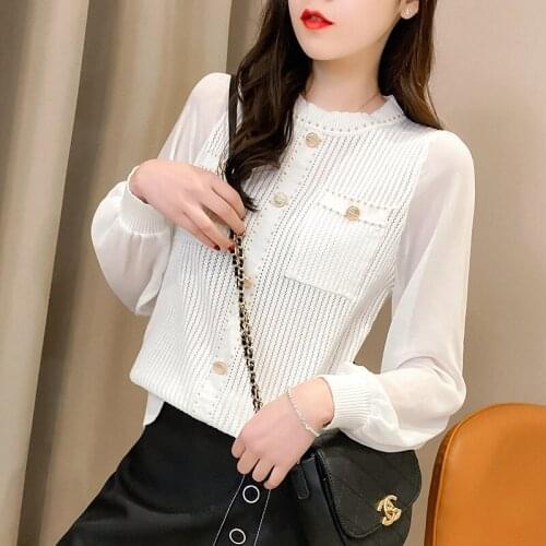 Stitching Chiffon Sleeve Knit Sweater For Women 2021 Fashion Trending Texture Clothing Lady Commute Hollow Thin Women Simple Top