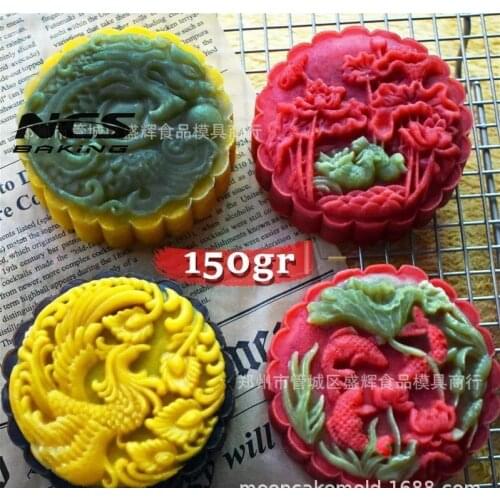 150g round shape flower Phoenix fish Mooncake mung bean cake Molds mould with 4 Stamps plastic hand pressure , 50sets/lot
