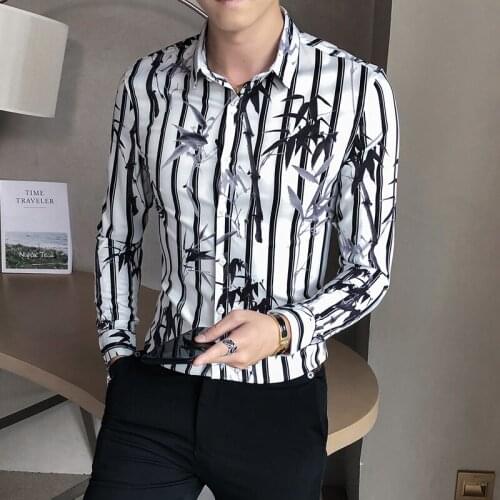 Bamboo Autumn Print Mens Shirt Striped Long Sleeve Mens Shirt Mens Fit Black and White Shirt