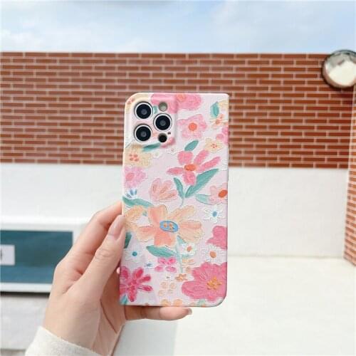 Relief Oil painting flowers phone case for iPhone 12 11 Pro X XR XS Max 7 8 Plus 11Promax 12 Mini frosted soft back cover women