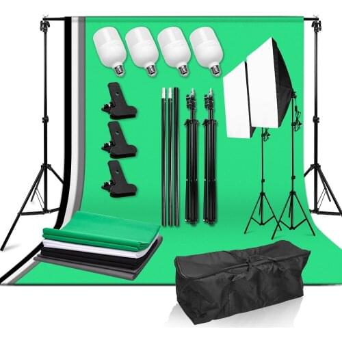 Photography 50x70CM Softbox Background Lighting Kit E27 Socket 25W 135W Light Bulb 2x2M Backdrop Support Kit 4 Color Backdrops