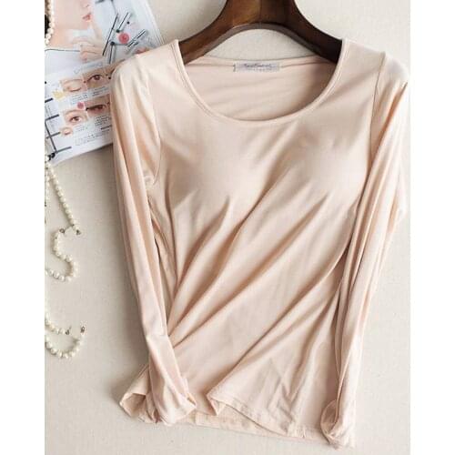 6 Colors Built in Padded Bra T-shirt Womens Long Sleeve Breathable Clothing Female Bottoming T Shirt Tops Casual Lady Top Tees