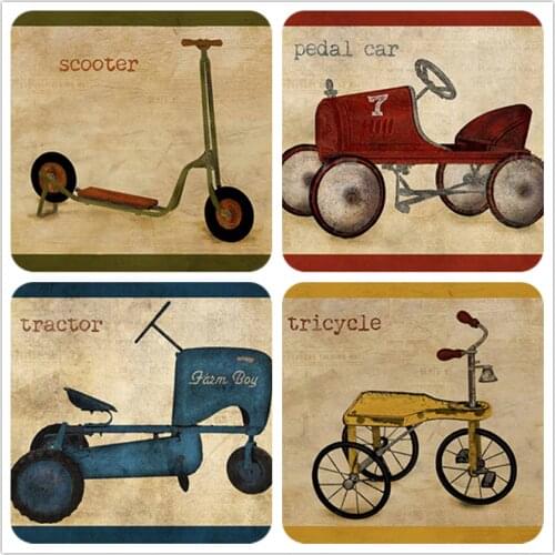 2021 NEW Retro Car Hand Dyed 4PCS Assorted Cotton Linen Printed Quilt Fabric For DIY Sewing Patchwork Home Textile Decorative