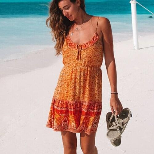 TEELYNN boho cotton orange Floral Print strap mini dresses women sumemr 2020 sexy sleeveless Ruffles short dress Beach vestidos