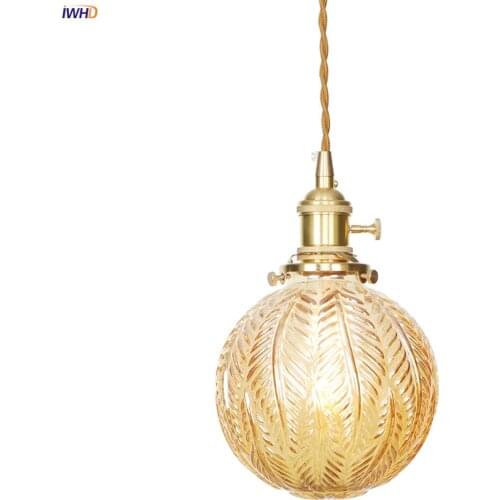 IWHD Nordic Style Amber Glass Ball Pendant Lights Kitchen Cafe Dinning Living Room Light Modern Copper Pendant Lamp Hanglamp LED