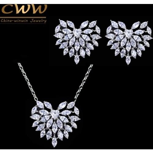 CWWZircons Cute Romantic Heart Shape Cubic Zirconia Earring Necklace Set Fashion Jewelry For Women Valentines Day Gift T066