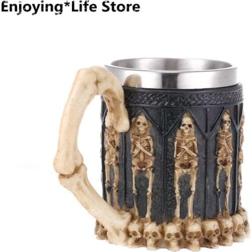 Mug Skull Wine Glass Resin Skull Handle Stainless Steel Wine Glass Home Decoration Beer Bar Cup