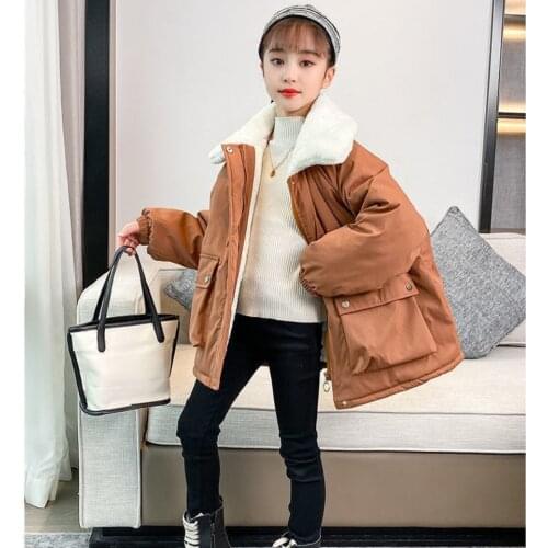 Girls Jackets 2021 New Winter Coat Foreign Style Childrens Padded Coats Winter Plus Velvet Padded Clothes Fur Collar Clothing