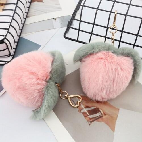 Hot Sale Trinket Fluffy Artificial Rabbit Fur Peach Key Chain Pompons Keychain Women Car Bag Key Ring Jewelry