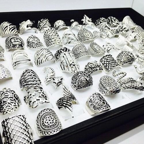 MixMax 20pcs/Lot Womens Vintage Silver Plated Rings Ladies Fashion Jewelry Beautiful Party Gifts Variety of Styles Wholesale