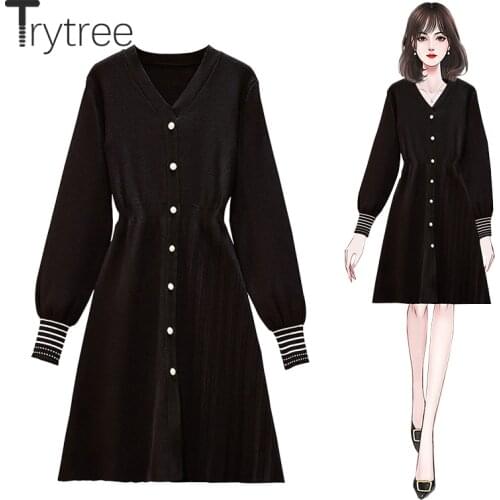 Trytree 2020 Autumn Winter Womens Dress Casual V-neck Buttons Puff Sleeve Knitted Elastic Office Lady A-line Solid Black Dress
