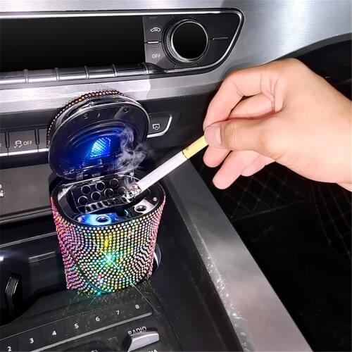 Ashtray for Car Bling Diamond Car Ashtray with Lid Smokeless Ashtrays Portable Car Cigarette Ashtray with LED Light Car Trash