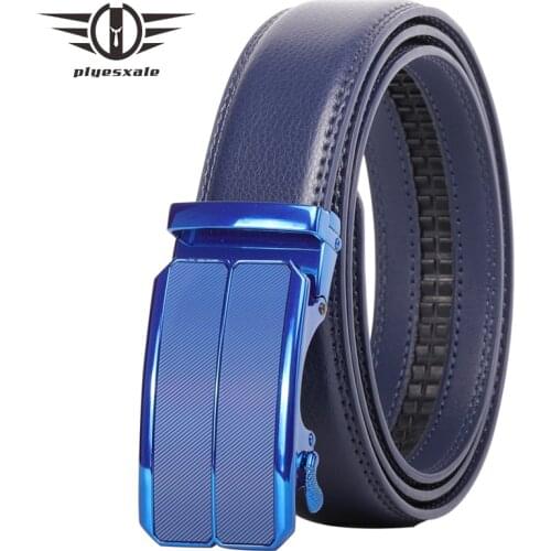 Plyesxale New Arrival Mens Automatic Buckle Belt Blue Male Real Leather Belts Fashion Business Waist Strap Belt For Men B106