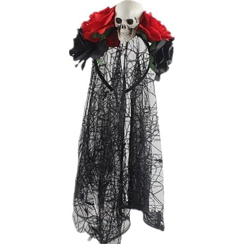 Day Of the Dead Headband Bride Veil Fancy Dress Costume Halloween Accessories Rose Flower Crown (C-Black+Red+Skull)