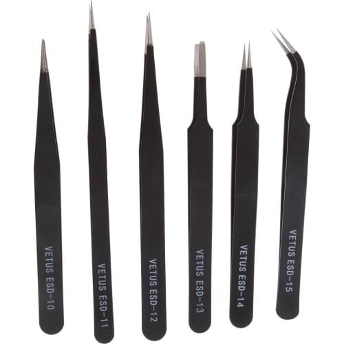 Premium 6 Pieces Stainless Steel Tweezers Set Anti-Static Forceps Nipper Kit