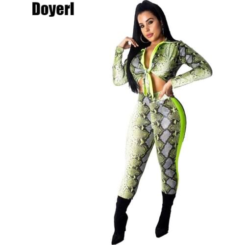 Snake Print Sexy 2 Piece Set Women Long Sleeve Tie Up Crop Top and Pants Suit Club Outfits Two Piece Matching Sets Tracksuit