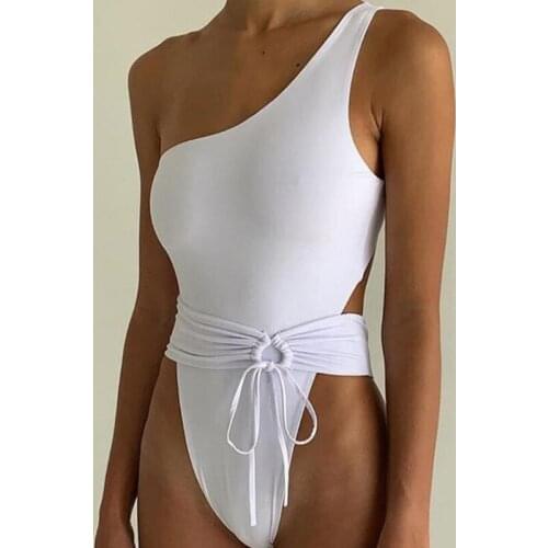 XPUHGM Swimwear Women 2020 Hot Sale One-Shoulder Padded Bra White One Piece Monokini Belt Bandage Sexy White Swimsuit Female
