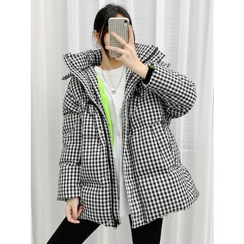 2021 Winter Jacket Women High Quality Fashion Plaid Down Jackets Loose Casual Hooded Parkas Thick Warm Cotton Coat Female