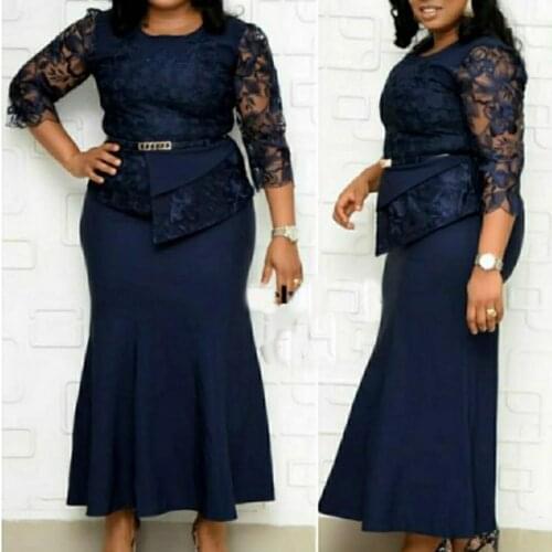 New Trumpet Dresses Women O Neck Lace 3/4 Sleeve Ankle Length Dress Sexy Lace Patchwork Night Party Dress Vestidos Plus Size 5XL