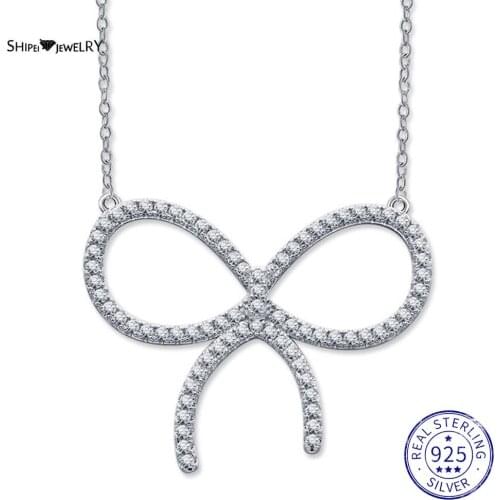 Shipei 925 Sterling Silver Created Moissanite Bowknot Gemstone Wedding Fine Jewelry Engagement Pendant White Gold Necklace