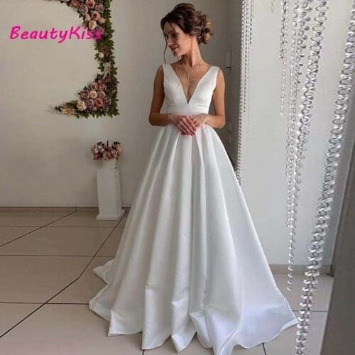 Simple Satin Wedding Dresses 2021 V-Neck Backless Simple Sexy White Ivory Bridal Gowns For Women Vestido de Novia