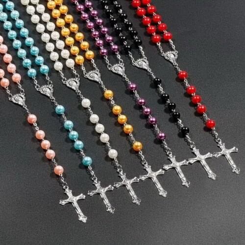 12PCS 7Colors Catholic Rosary Pearl Beads Jesus Cross Pendant & Necklace Ethnic Prayer Long Statement Religious Jewelry