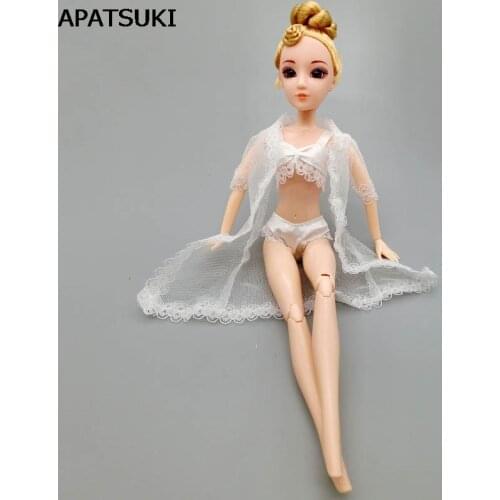 Doll Accessories Sexy Pajamas Lingerie Nightwear Lace Long Coat Night Wear + Bra + Underwear Clothes For Barbie Doll 1/6 Toy