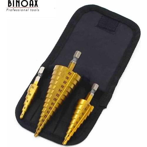 BINOAX 3Pcs/lot Metric Spiral Flute Step HSS Steel 4241 Cone Titanium Coated Drill Bits Tools Set Hole Cutter 4-12/20/32mm+Pouch