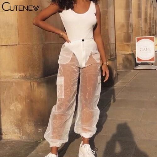 Cutenew Sexy Net Yarn See-Through Hight Waist Loose Pants Women 2021 Summer Fashion Casual Streetwear Solid Pocket Lady Trousers