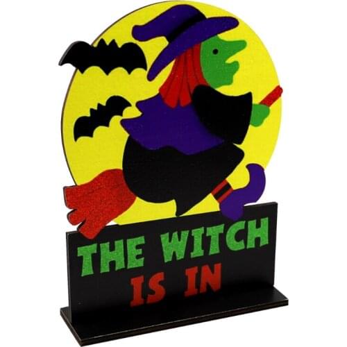 Halloween Moon Witch Wooden Desktop Ornaments Creative Decor for Home Indoor Festival Party Desktop Decoration Art Craft