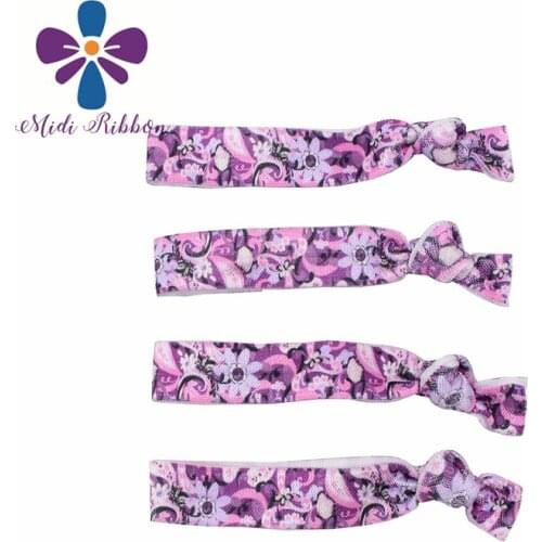 5/8"16mm purple Flower Printed Fold Over Elastic Ribbon for Hair Tie 9.5cm * 50pcs/pack
