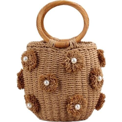 Creative Handmade Rhinestone Crystal Embellished Straw Bag Small Straw Bucket Bags Lady Travel Purses and Handbags