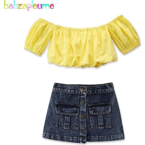 2Piece 1-6Years Baby Summer Outfits Fashion Kids Clothes Yellow T-shirt+Denim Skirt And Top Set Little Girls Clothing BC2057-1