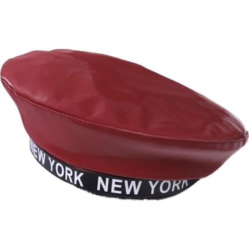 Fashion Women Faux Leather Berets NEW YORK Letters Embroidery Autumn Winter Solid Color PU Leather Winter Cap For Female