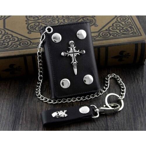 Mens Boys Metal Skull Corss Rivet Punk Trifold Biker Wallet w/ Safe chain