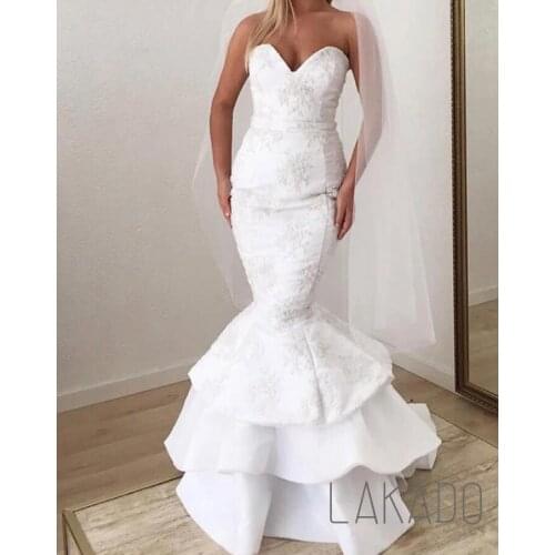 Custom Made Modern Satin Sweetheart White Lace Appliques Mermaid Ruffless Long Wedding Dress