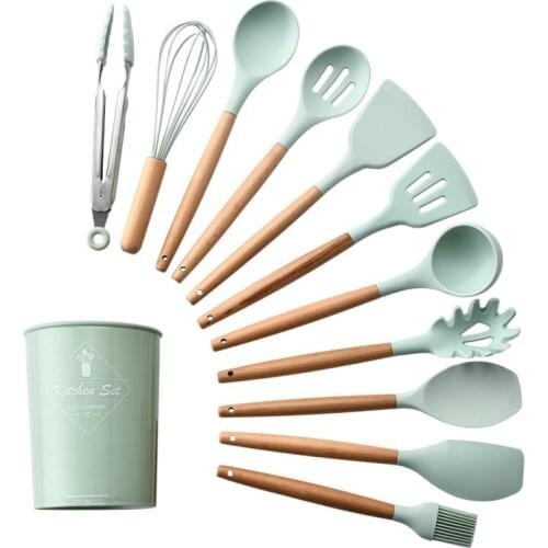 Silicone Cooking Utensils Set Non-Stick Spatula Shovel Wooden Handle Cooking Tools Set With Storage Box Kitchen Tool Accessories