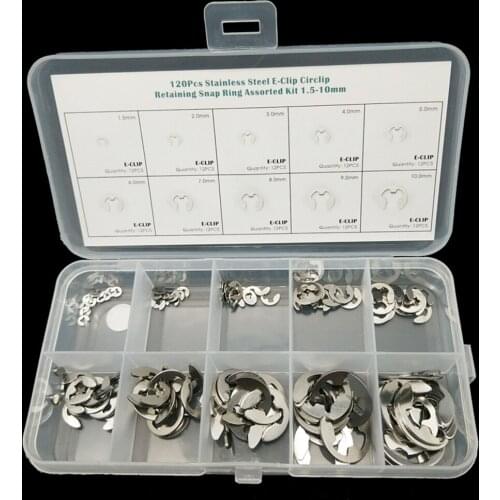 120PCS Stainless E Shape Clip Circlip Pin Retaining Snap R-ing Assorted Kit 1.5mm-10mm