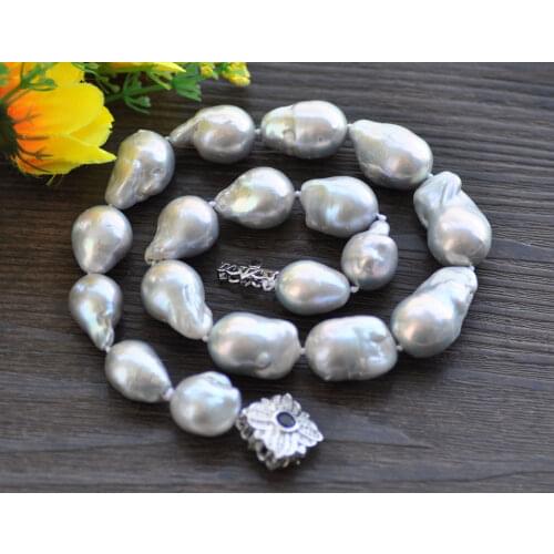 P7669 17" 25mm Gray Baroque Keshi Pearl Necklace Sapphire Clasp