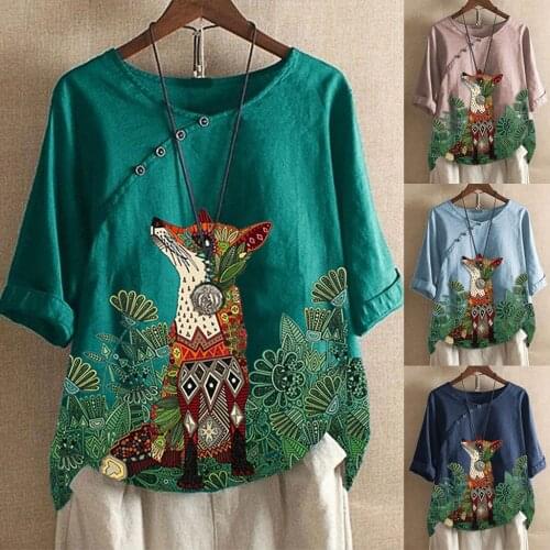 Animal Print Shirts For Women Button Fashion Womens Blouse Cotton And Linen O-neck Tunic Tops Summer Short Sleeve Blouses Кофта