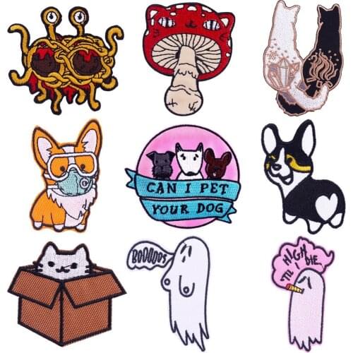 Cute Corgi Patch Iron on Pets Embroidery Patches Ghost Thermo Stickers Cartoon Cat Box Appliques on Clothes Mask Dog Patch